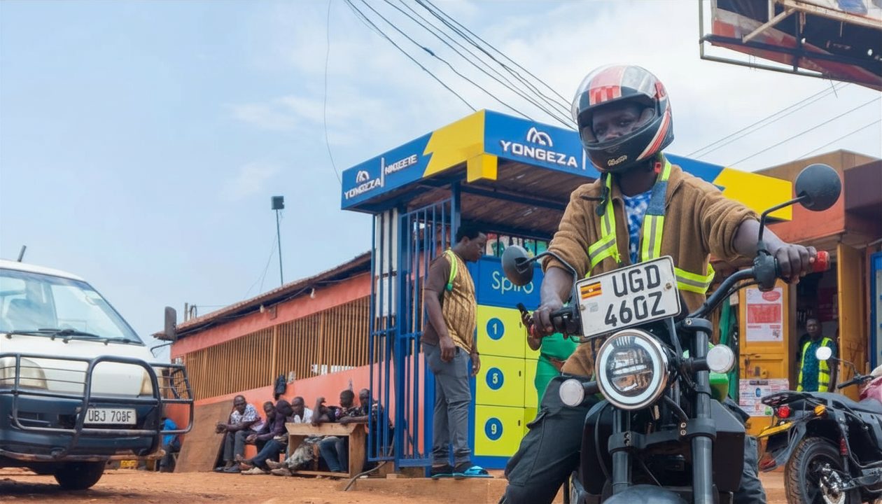 Boda rider at a Yongeza swap station in Nateete, Kampala