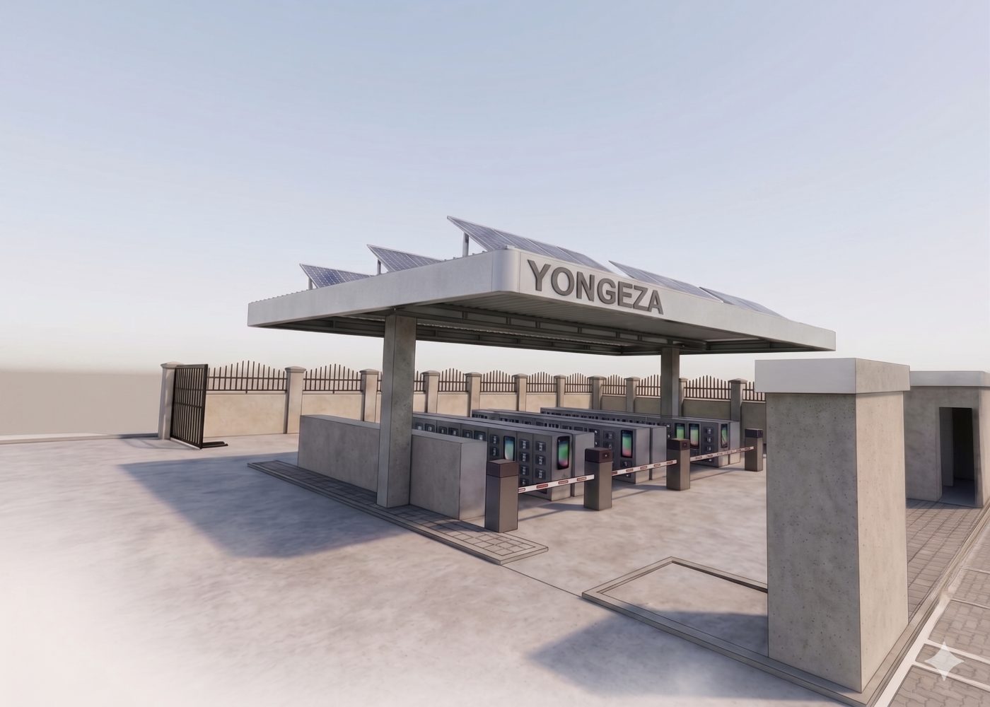 Render of a Yongeza multi-bay swap station with solar canopy and charging racks